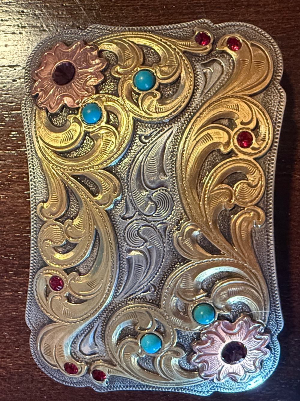 Nocona Gold and Silver Western Belt Buckle with Turquoise and Red Accents